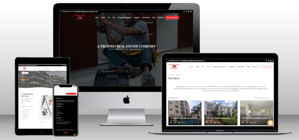 Website for Forthright Kenya Real Estate 2 At Forthright Kenya Real Estate, every purchase or rental ensures the best deal available. We cater to both commercial and residential clients, offering comprehensive solutions tailored to your needs. Whether you’re interested in furnished or unfurnished properties, we’ve got you covered. Additionally, we create joint venture partnerships that benefit property owners and investment developers. With our commitment to excellence, we leverage advanced technological solutions and sophisticated systems to manage properties, continuously enhancing efficiency and providing unparalleled service to our clients.