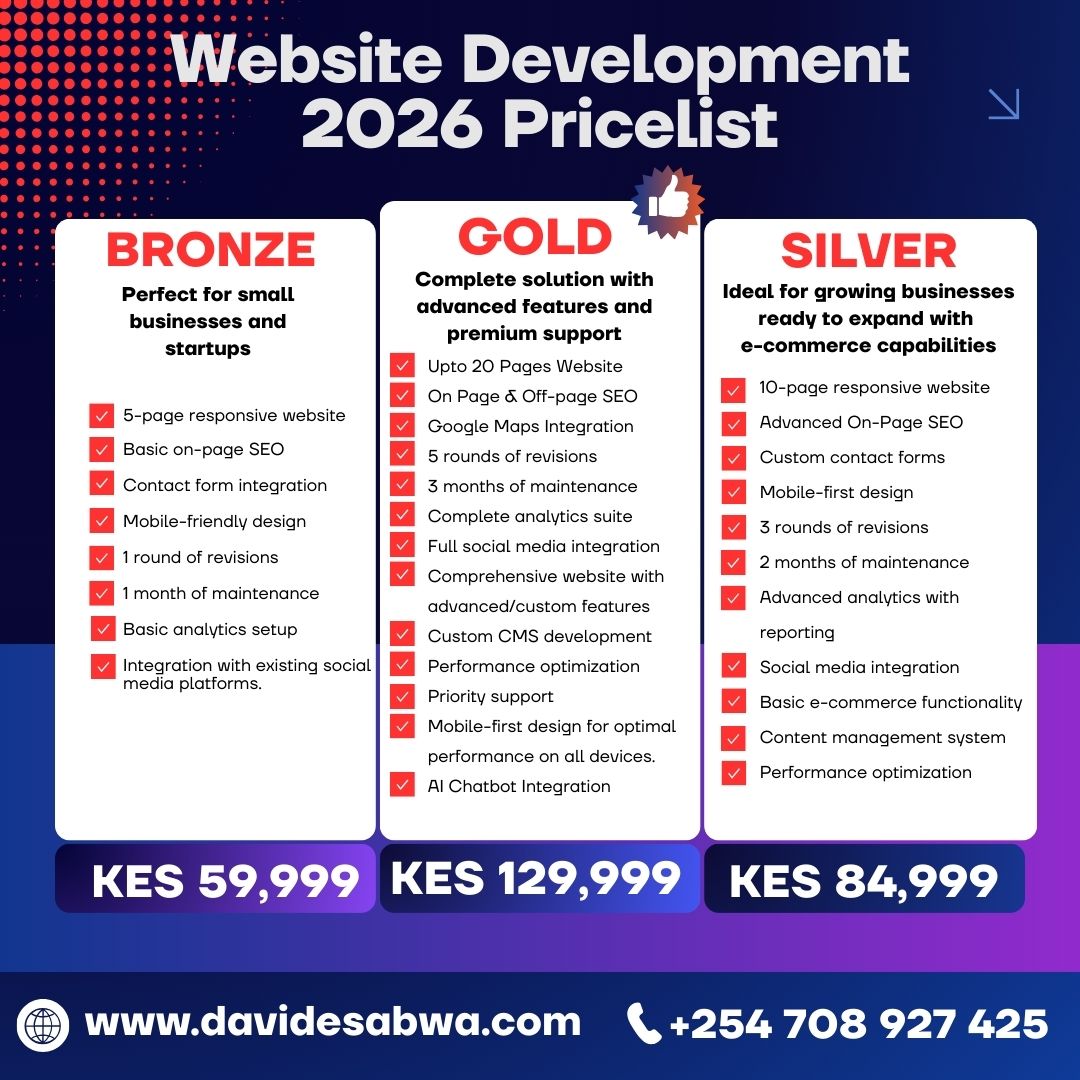 New Pricelist Website development 2026 Good Design is Good Business David Esabwa™ - Best Website Designer in Kenya Good Design is Good Business